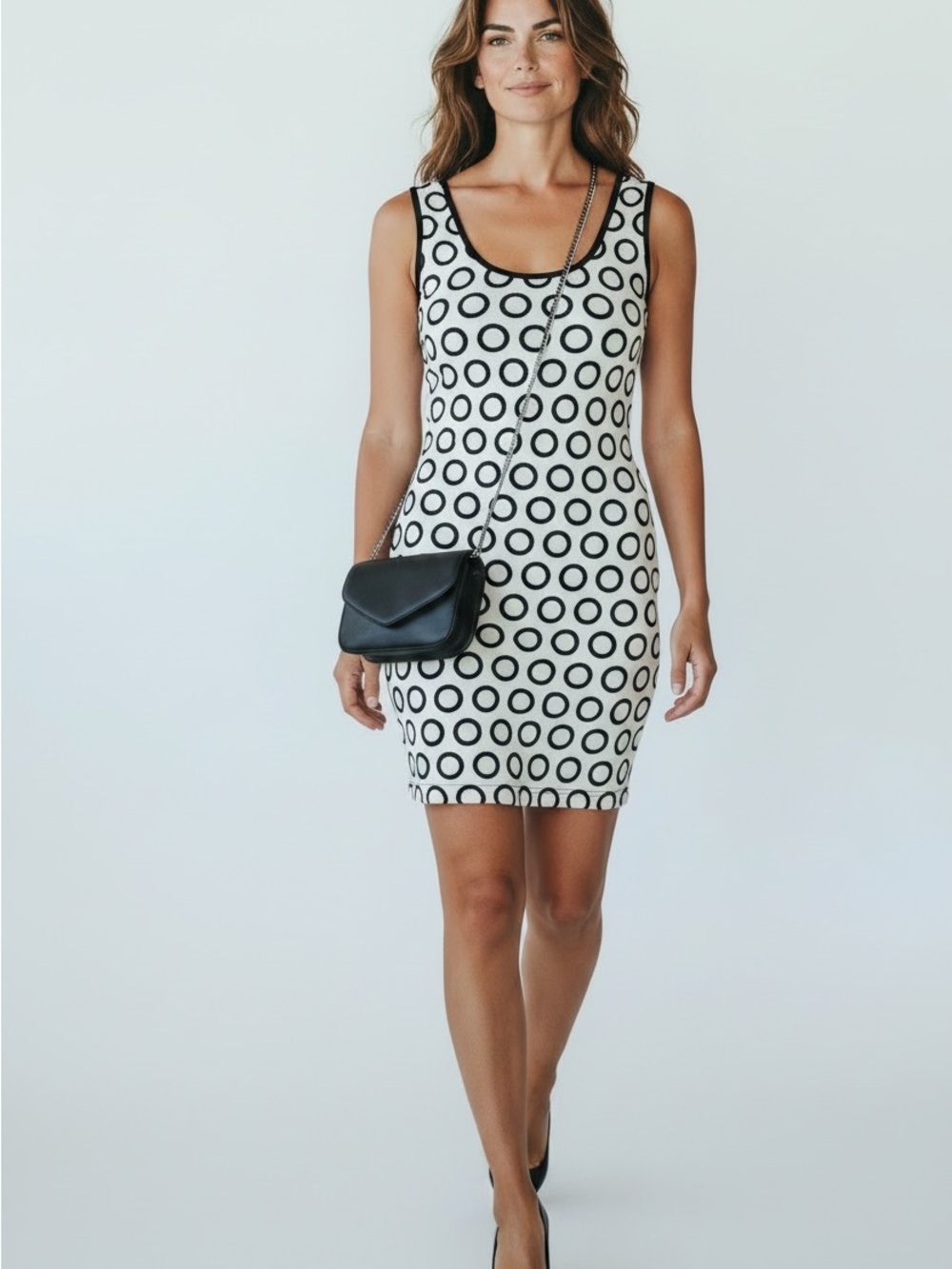 Joseph Ribkoff Black & White Circle-Print Sleeveless Midi Dress w Shelf Bra